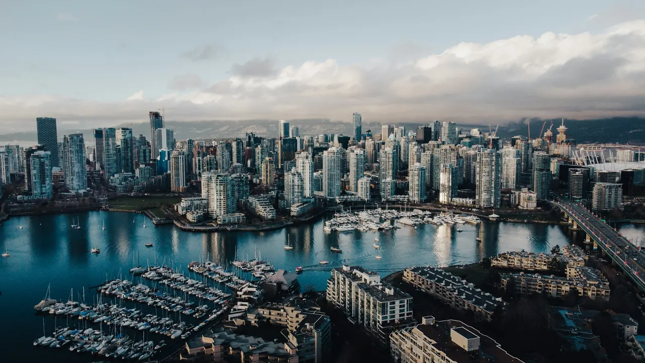 Aerial view of downtown Vancouver, the marinas and the harbour